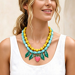 Alloy Enamel Resin Strawberry Leaf Pendant Double Layer Necklaces for Women&nbsp;WG96260-01