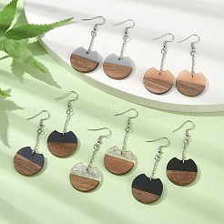 Two Tone Resin & Walnut Wood Flat Round Dangle Earrings&nbsp;EJEW-JE05570