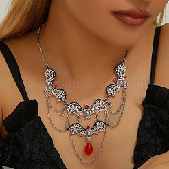 Halloween Bat Alloy Siam Rhinestone Bib Necklaces for Women&nbsp;LS-NJEW-P340-02P
