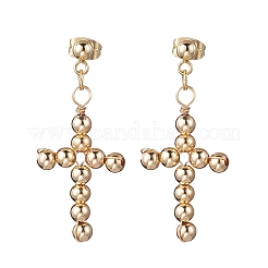 Brass Beaded Cross Dangle Stud Earrings&nbsp;EJEW-JE06479-01