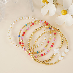 Natural Shell Cross Heart & Glass & Brass Beaded Stretch Bracelet Sets&nbsp;XW5962