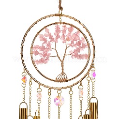 Wire Wrapped Natural Rose Quartz Chips Tree of Life Wind Chime&nbsp;HJEW-G028-04A