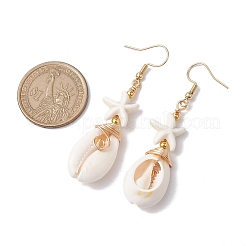 Starfish Brass with Synthetic Turquoise & Cowrie Shell Dangle Earrings&nbsp;EJEW-JE06141-02