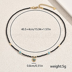 Vintage Stainless Steel Pave Synthetic Turquoise Heart Pendant Glass Faceted Round Beaded Necklaces for Women&nbsp;UN1640