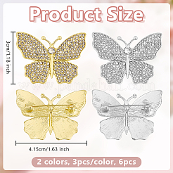6Pcs 2 Colors Butterfly Alloy Rhinestone Lapel Pins for Backpack Clothes&nbsp;JEWB-OC0001-07