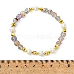 Round Natural Lodolite Quartz & Cultured Freshwater Pearl & Brass Beaded Stretch Bracelets for Women&nbsp;BJEW-JB14060-03