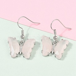 Natural Rose Quartz Brass Dangle Earrings&nbsp;EJEW-M081-01P-02