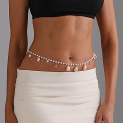 Natural Shell  and Iron Starfish Tassel Imitation Pearl Link Chain Waist Chains for Women&nbsp;AJEW-CP0011-35B