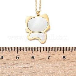 304 Stainless Steel Pave Natural White Shell Cute Cat Shaped Pendant Necklaces for Women&nbsp;NJEW-F339-01G