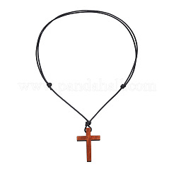 Adjustable Wood Religion Cross Pendant Black Waxed Cord Necklaces for Women Men&nbsp;FS-WGC7380-01