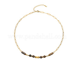 Natural Tiger Eye Cuboid Round Beaded 304 Stainless Steel Paperclip Chain Necklaces for Women&nbsp;WGF19B2-02