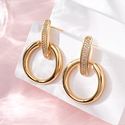 Brass Micro Pave Clear Cubic Zirconia Ring Dangle Stud Earrings&nbsp;EJEW-F374-01G
