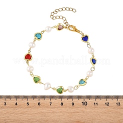 Natural Cultured Freshwater Pearl & Brass Glass Link Chains Bracelets for Women&nbsp;BJEW-JB14219