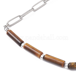 Natural Tiger Eye & Red Jasper & Purple Turquoise & Jade Column Beaded 304 Stainless Steel Paperclip Chain Anklets for Women&nbsp;AJEW-AN00759