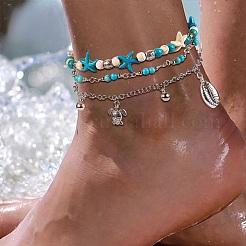 Synthetic Turquoise Beads Multi-strand Anklet&nbsp;AJEW-SW00008