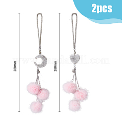 2Pcs 2 Style Rhinestones Heart and Fuzzy Plush Ball Car Hanging Pendant&nbsp;HJEW-DC0001-07