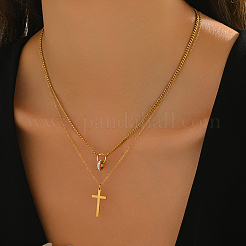 Stainless Steel Crystal Rhinestone Cross Pendant Double Layer Necklaces for Women&nbsp;LS-BW9176