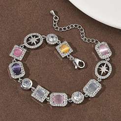 Brass Micro Pave Cubic Zirconia & Cat Eye Rectangle & Square & Oval Link Chain Bracelets for Women&nbsp;BJEW-G764-08P
