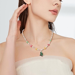 Christmas Tree Lampwork Pendant Necklace with Glass Seed Flower Chains for Women&nbsp;NJEW-TA00070