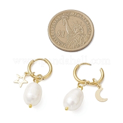Natural Cultured Freshwater Pearl Rice with Star & Moon Hoop Earrings&nbsp;EJEW-JE06743