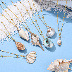 7Pcs 7 Styles Electroplated Natural Shell Pendant Brass Satellite Chain Necklaces&nbsp;NJEW-YW00003