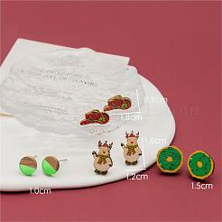 4 Pairs Snowman & Christmas Hat & Wreath Printed Wood Stud Earrings&nbsp;EJEW-OY001-06