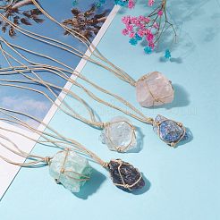 Waxed Cotton Cord Braided Natural Gemstone Rough Raw Pendant Necklace&nbsp;NJEW-JN03770