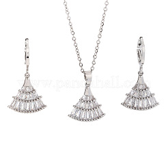 Elegant Brass Micro Pave Clear Cubic Zirconia Fan Pendant Necklaces & Earrings Sets for Women&nbsp;OQ3699