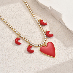 Elegant Brass Pave Clear Cubic Zirconia Tennis Chain Heart Moon Pendant Bib Necklaces for Women&nbsp;GA9034