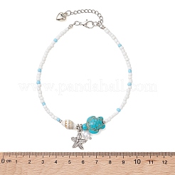 Summer Beach Dyed Synthetic Turquoise Turtle and Glass Seed Beaded Alloy Starfish Charm Anklets&nbsp;AJEW-AN00775