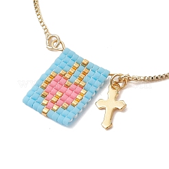 Glass Seed Heart & Brass Cross Charms Silder Bracelets&nbsp;BJEW-MZ00056
