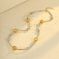 304 Stainless Steel Curved Tube Round Beaded Necklaces&nbsp;NJEW-R030-01GP
