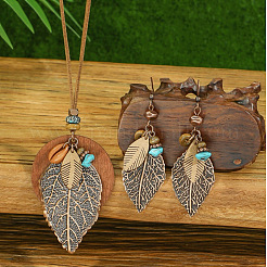 Bohemian Style Leaf Alloy & Wood Pendant Necklaces & Dangle Earrings Sets&nbsp;WG5D754-01