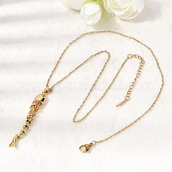 201 Stainless Steel Pave Colorful Cubic Zirconia Fish Bone Pendant Necklaces for Women&nbsp;NJEW-C111-02A-G