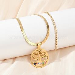 Tree of Life & Evil Eye 201 Stainless Steel Herringbone Chains Pendant Necklaces&nbsp;NJEW-K253-34G