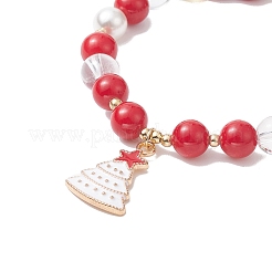 Natural Dyed Mashan Jade & Quartz Crystal Round Beaded Stretch Bracelet with Alloy Enamel Christmas Tree Charms&nbsp;BJEW-TA00266