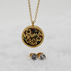 Mother's Day Flat Round with Flower & Word Mama Stainless Steel with Cubic Zirconia Pendant Necklaces & Stud Earring Sets&nbsp;WG8ED63-02