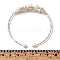 Brass Wire Wrapped Natural Pearl Open Cuff Bangles for Women&nbsp;BJEW-D453-03S