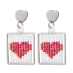 Handmade Glass Seed Beaded Square with Heart Dangle Stud Earrings&nbsp;EJEW-MZ00559-02