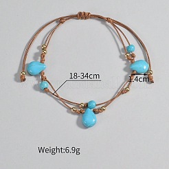 Bohemian Style Teardrop Synthetic Turquoise & CCB Plastic Round Waxed Cord Braided Double Layer Anklets for Women&nbsp;FS-WGDC0FD-01