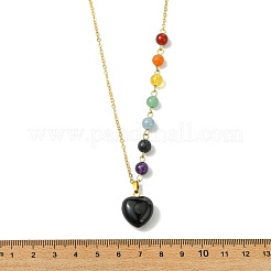 Chakra Natural Black Onyx(Dyed & Heated) Heart Pendant Brass Cable Chain Necklaces for Women&nbsp;NJEW-JN06267-02