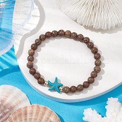 Summer Beach Starfish Dyed Synthetic Turquoise & 6mm Round Wenge Wood Beaded Stretch Bracelets for Women&nbsp;BJEW-JB10514-01