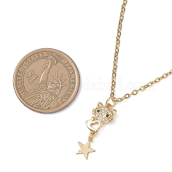 Cat with Star Brass Micro Pave Clear Cubic Zirconia Pendant 304 Stainless Steel Cable Chain Necklaces for Women&nbsp;NJEW-JN05716