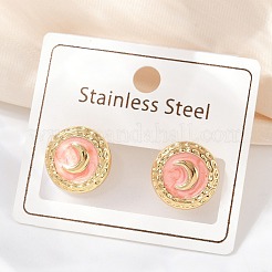 304 Stainless Steel Enamel Flat Round with Moon Stud Earrings&nbsp;STAS-D368-03G