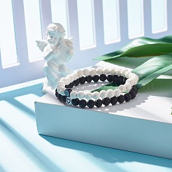 2Pcs 2 Style Natural Lava Rock(Dyed) Round Beaded Stretch Bracelets Set with Heart&nbsp;BJEW-JB07579
