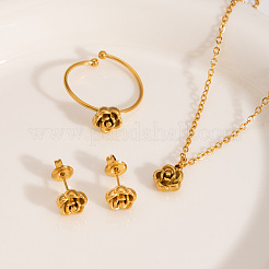 304 Stainless Steel Rose Pendant Necklaces & Stud Earrings & Cuff Ring Sets for Women&nbsp;UH3805-1