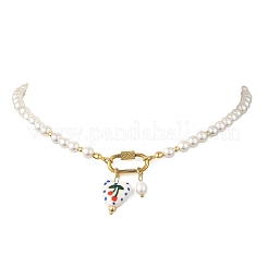 2Pcs 2 Colors Handmade Printed Floral Porcelain Heart & 304 Stainless Steel Pendant Round White Shell Pearl Beaded Necklaces for Women&nbsp;NJEW-JN06391