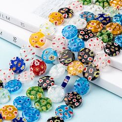 Flat Round Handmade Millefiori Glass Beads Strands&nbsp;LK-R004-63