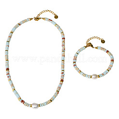 Natural Shoushan Stone & Freshwater Pearl & Brass Rondelle Beaded Necklaces & Beaded Bracelets Sets&nbsp;WG98AF4-01
