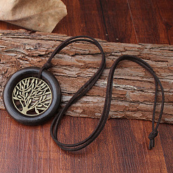 Alloy Tree of Life Wood Ring Pendant PU Leather Cord Long Necklaces for Women Men&nbsp;FS-WGD2271-01